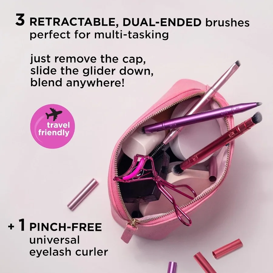 Zestaw 4 pędzli do makijażu oczu Double Time Brush + Lash, dwustronne pędzle do cieni i brwi, podróżne nakładki do przechowywania pędzli.