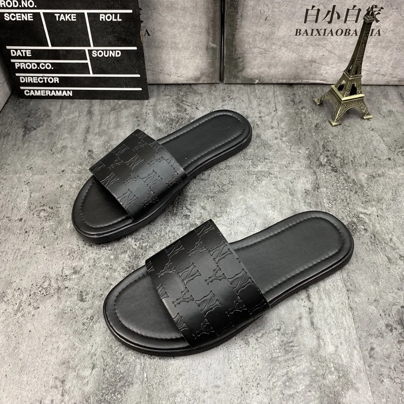 Genuine Leather Men's Slippers Crocodile Grain Style Men Flip Flops High Quality Men Casual Shoes Beach Non-slip Male Slippers