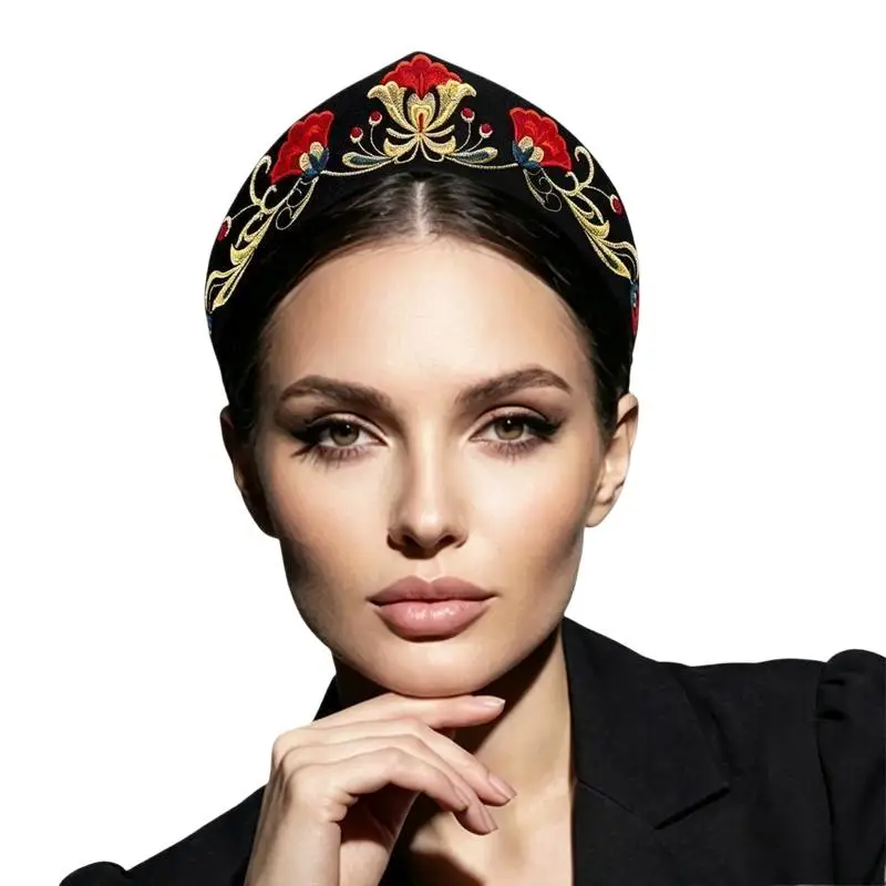 Vintage-Stil, russische Ethno-Blumenstickerei, spitz zulaufendes Haarband für Damen, breites, modisches Haaraccessoire. – Detail 5