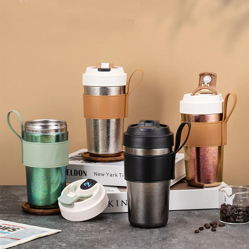 500ml Car Thermos Cup with Lifting Rope,Pure Titanium Vacuum Flasks,Intelligent Display Temperature,Coffee MUG,Gift,Water Bottle