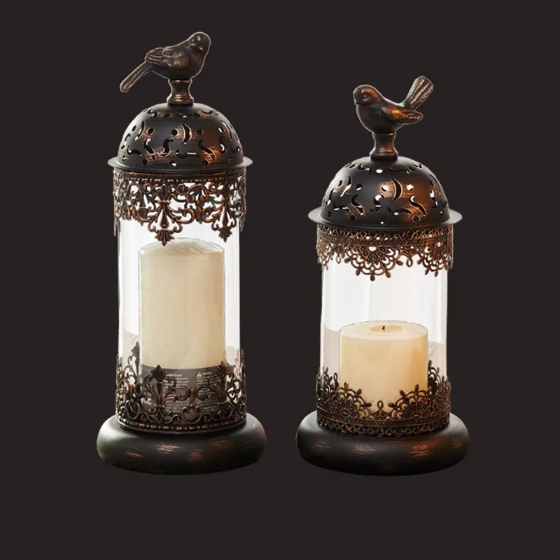 European Morocco Accents Black Gold Iron Glass Candle Lantern Set With Bird Figurines Lid Cover Home Tabletop Decor Metal Items