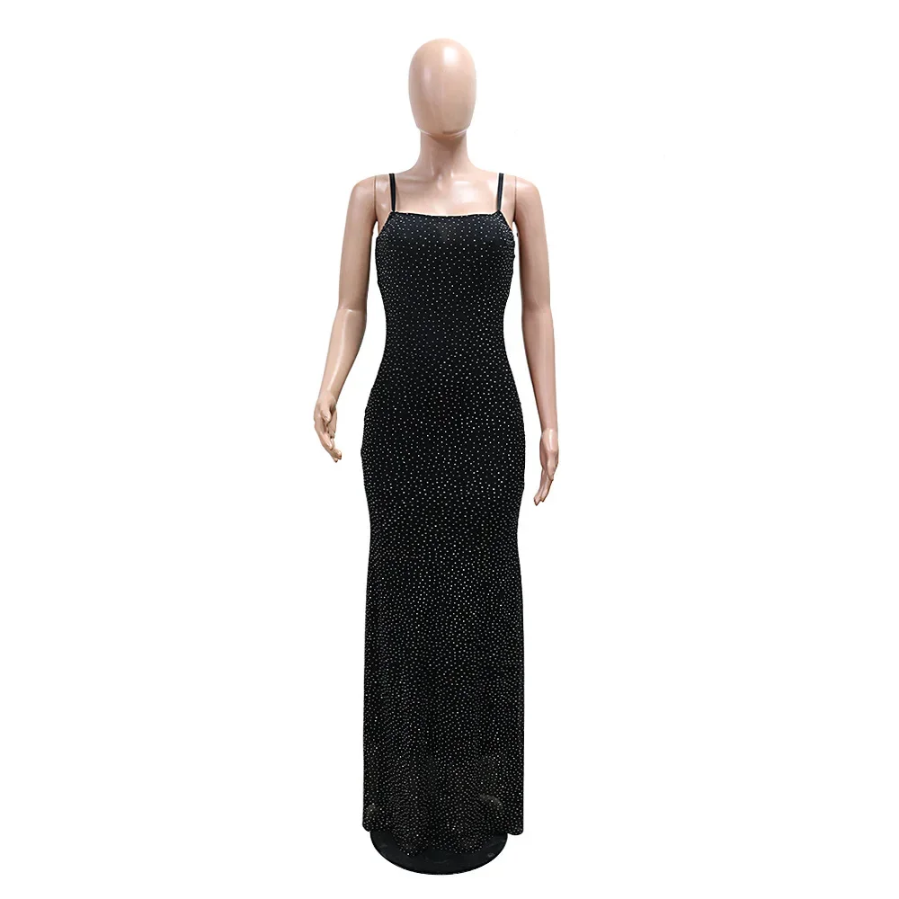 Vestido de malha de poliéster sexy sem mangas quente diamante bodycon magro festa vestido magro cor sólida