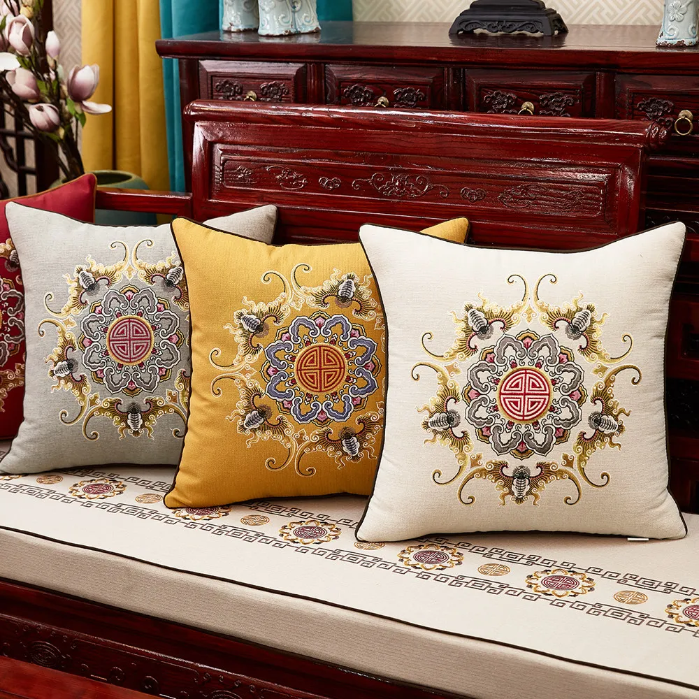 New Chinese-style Redwood Sofa Throw Pillow Cotton and Linen Headboard Soft Cushion Embroidery Large Cushion Cover
