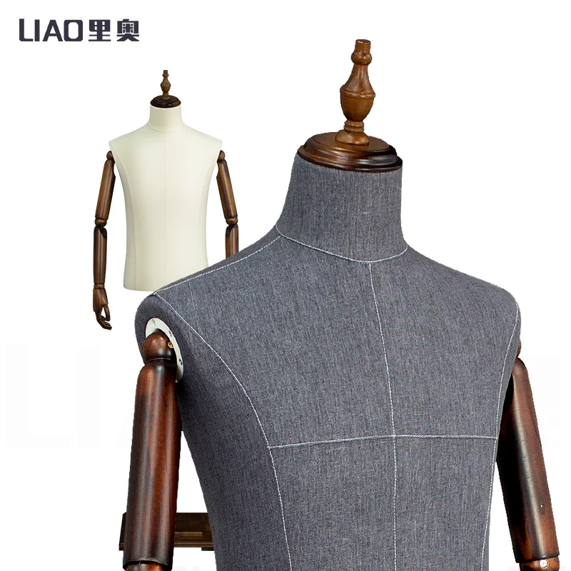 Business Suit Male Mannequin Wood Flexible Arms Black Linen Upper Half Body Male Mannequin for Men Dummy Suits Display