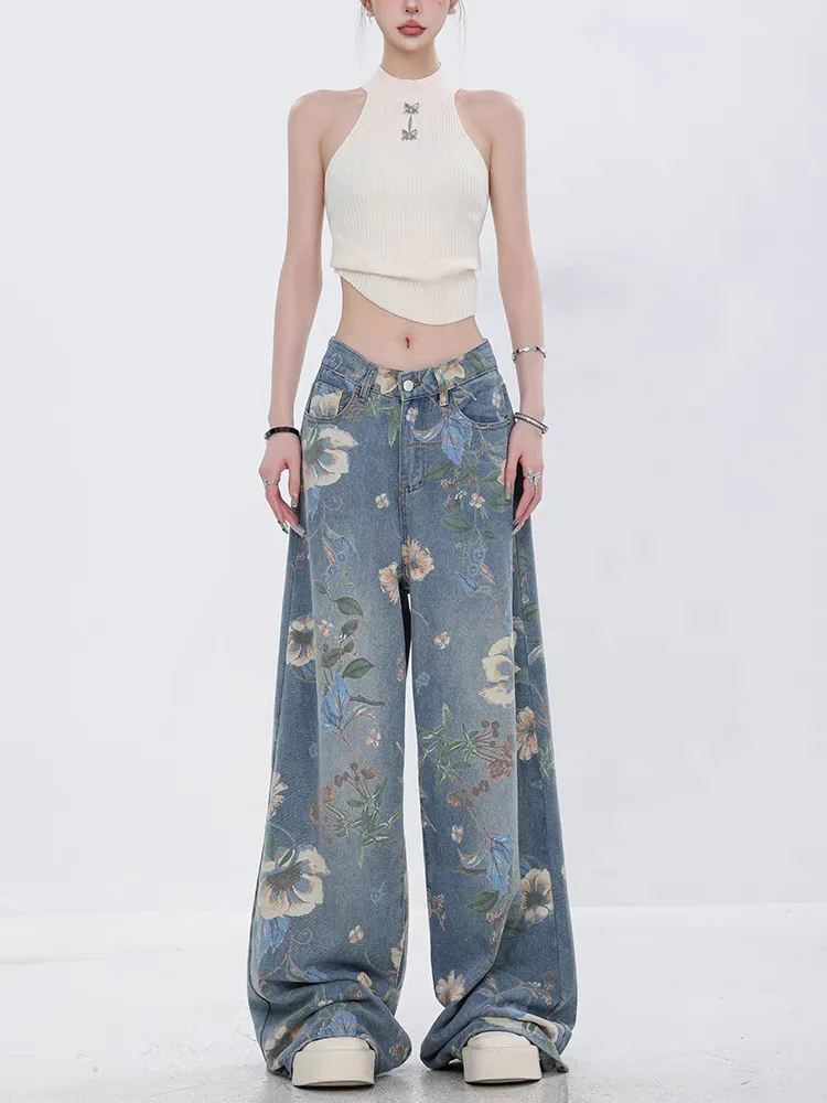 Celana Jeans Denim Wanita Celana Panjang Lantai Kaki Lebar Celana Panjang Lurus Pinggang Tinggi Motif Bunga Celana Jeans Ibu Splice Pakaian Jalanan Y2k