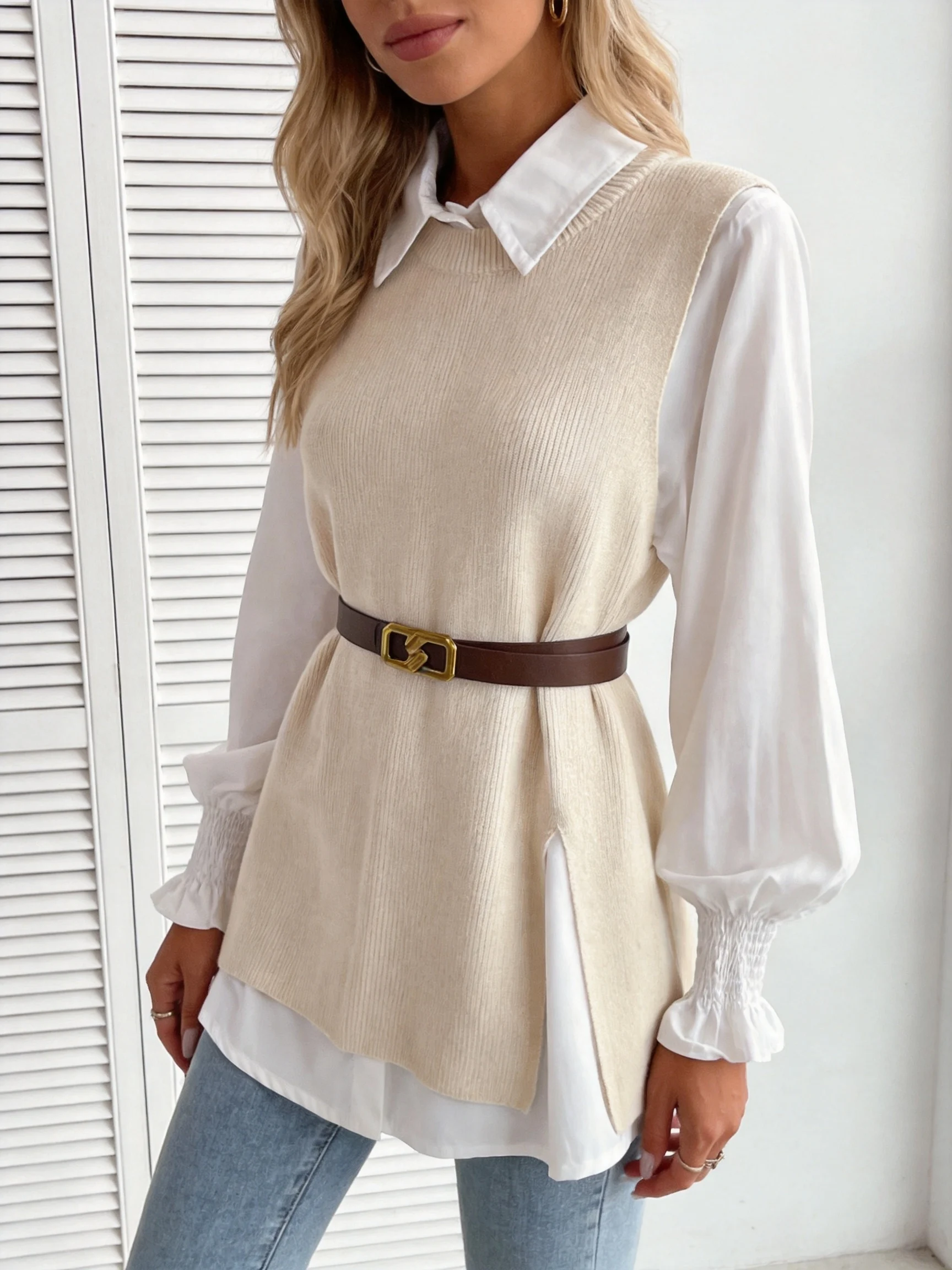 

Plus Size Women Apricot Slim Fit Knitted Vest Sleeveless Ribbed Tank Top with Side Slit Casual Autumn Winter NO Belt