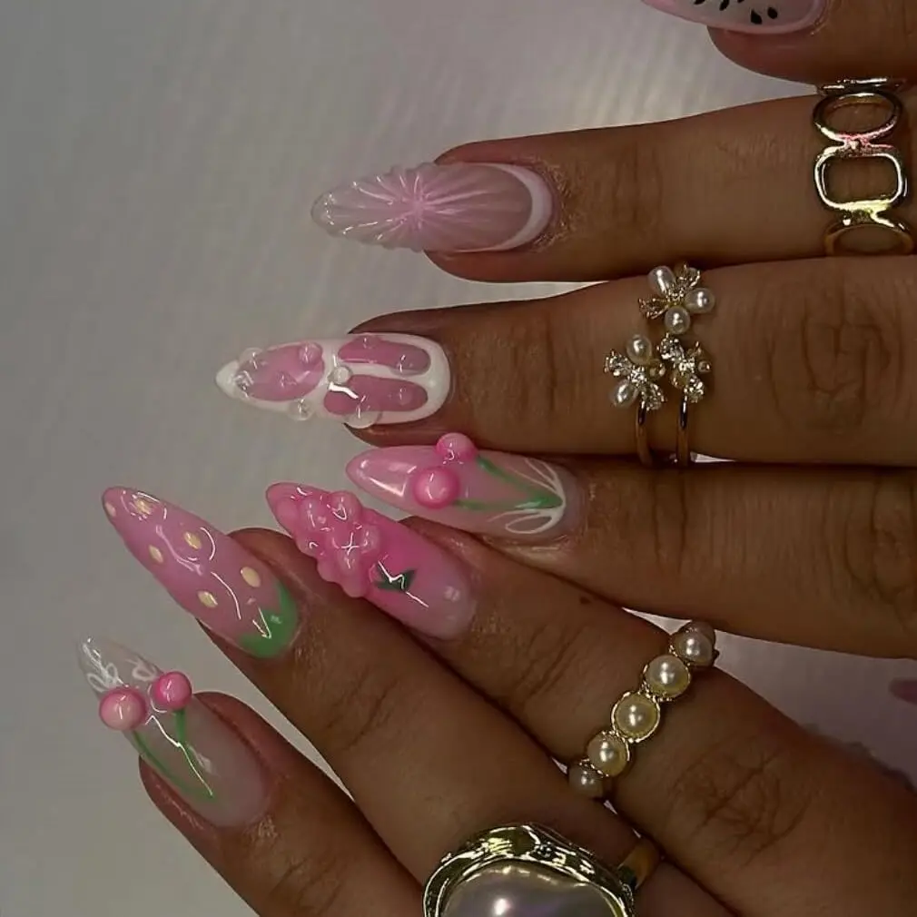 10PCS Medium Almond  With Fruits Style Fake Nails-Make Your Fingers Look Stylish-1pc Nail File & 1Nail Glue Sticker Kit Nails