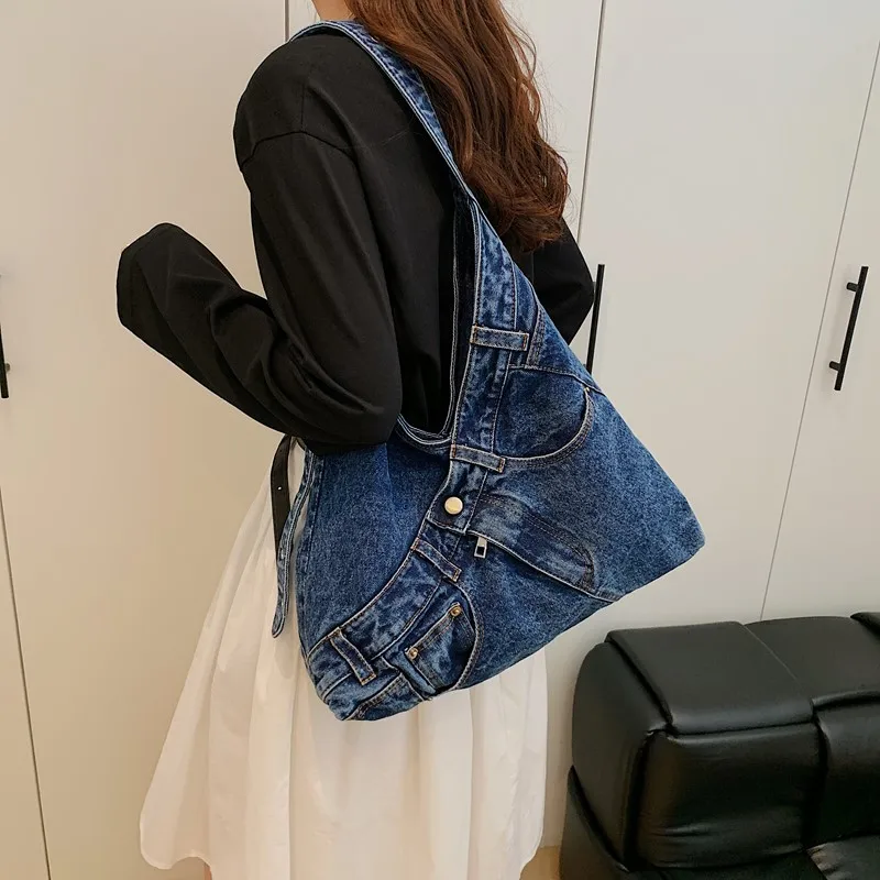 

New Trendy Denim Shoulder Crossbody Bag Women Hobo Y2K Purses Work Travel Capacity Foldable Commute Casual Adjustable Backpack