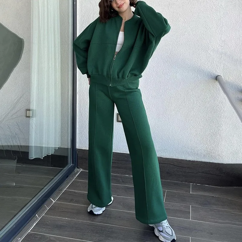 Vrouwen Sweatsuit Set Vintage O-hals Rits Bomberjacks Hoge Taille Losse Broek Pak Vrouwelijke 2025, Lente Mode Dame Sportkleding
