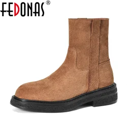 FEDONAS New Arrival Women Ankle Boots Cow Suede Leather Thick Low Heels Motorcycle Boots Round Toe Fashion Design Short Boots