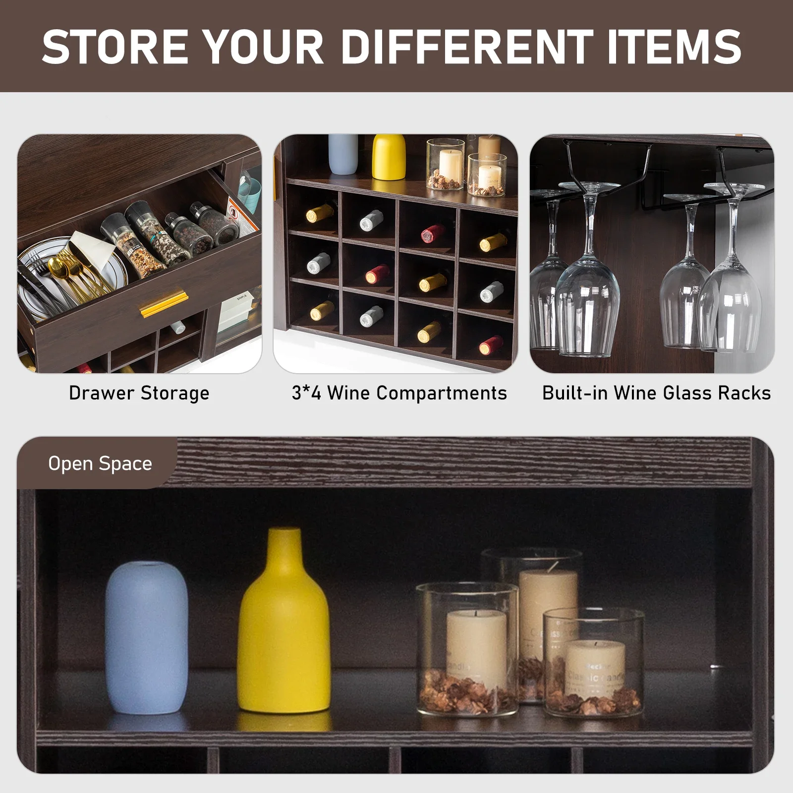 باب زجاجي مزدوج مع درج واحد وخزانة جانبية لرف النبيذ بـ 12 زجاجة بإطار أسود + لوحات داخلية باللون الأبيض والبني #5