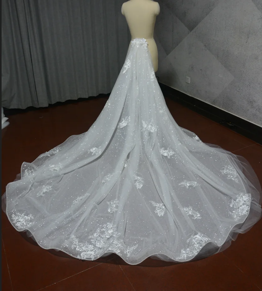 luxury Sparkling Tulle lace Decal Church Detachable Train Skirt for Wedding bridal accessories custom size