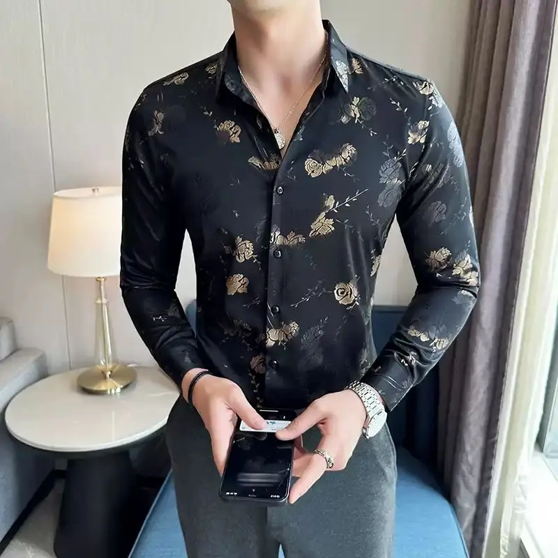 Spring Autumn Fashion POLO Collar Long Sleeve Shirts Men\'s Clothing Printing Floral Hip Hop Slim Cardigan Button Youth Blouses