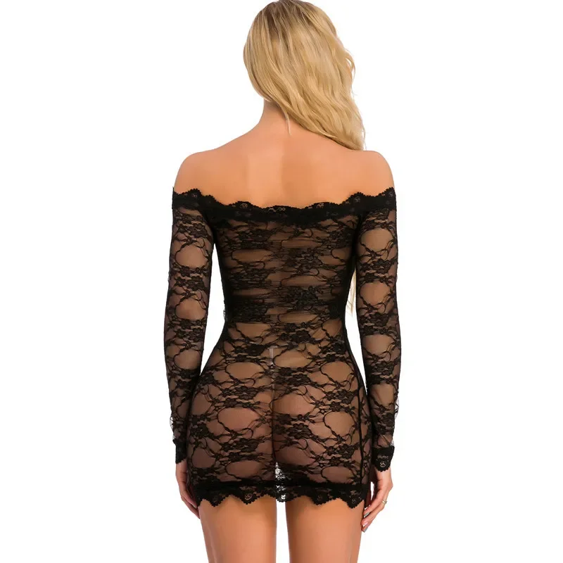 Black Long Sleeved Lace See-through Jumpsuit Women Sexy Mystery Pyjamas Off Shoulder Lingerie Night Bodysuit