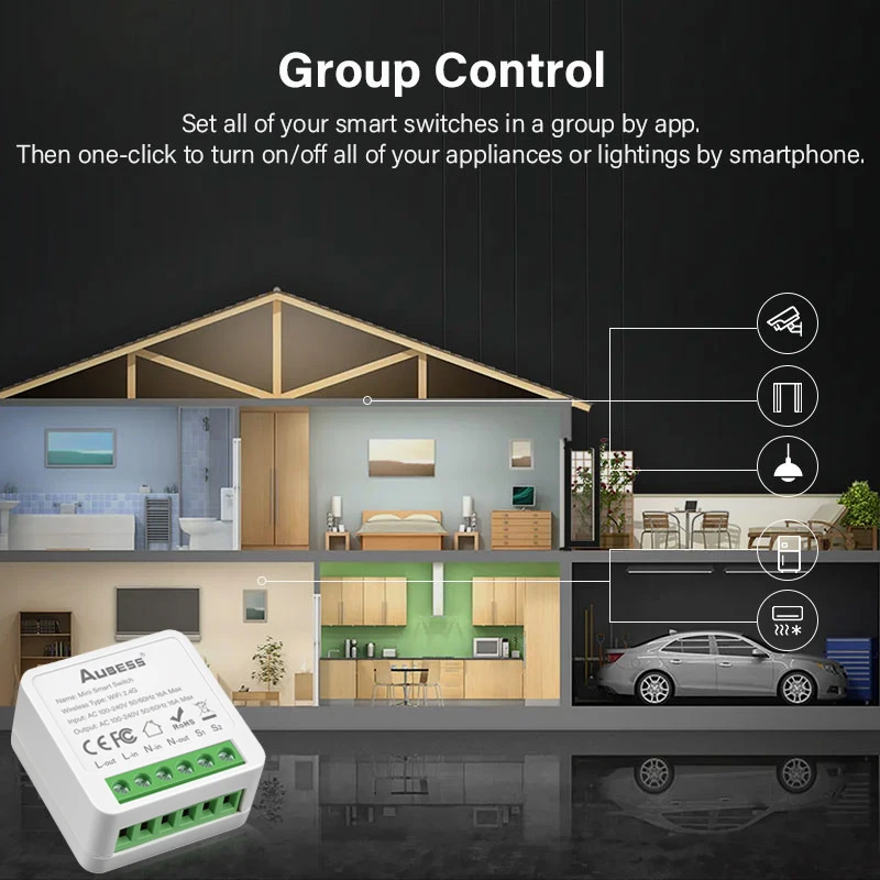 Aubess 16A Tuya WiFi DIY Smart Switch Power Monitor 2-way Control Smart Home Automation Via Alexa Google Home Alice Smart Life