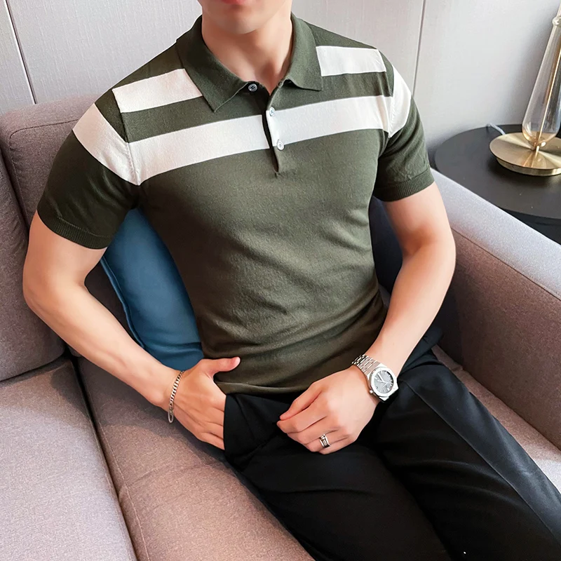 Fashion Business Male Turn-Down Shirts Summer Striped Slim Tops Pullover Men Casual Button Design Short Sleeve Polo Shirts