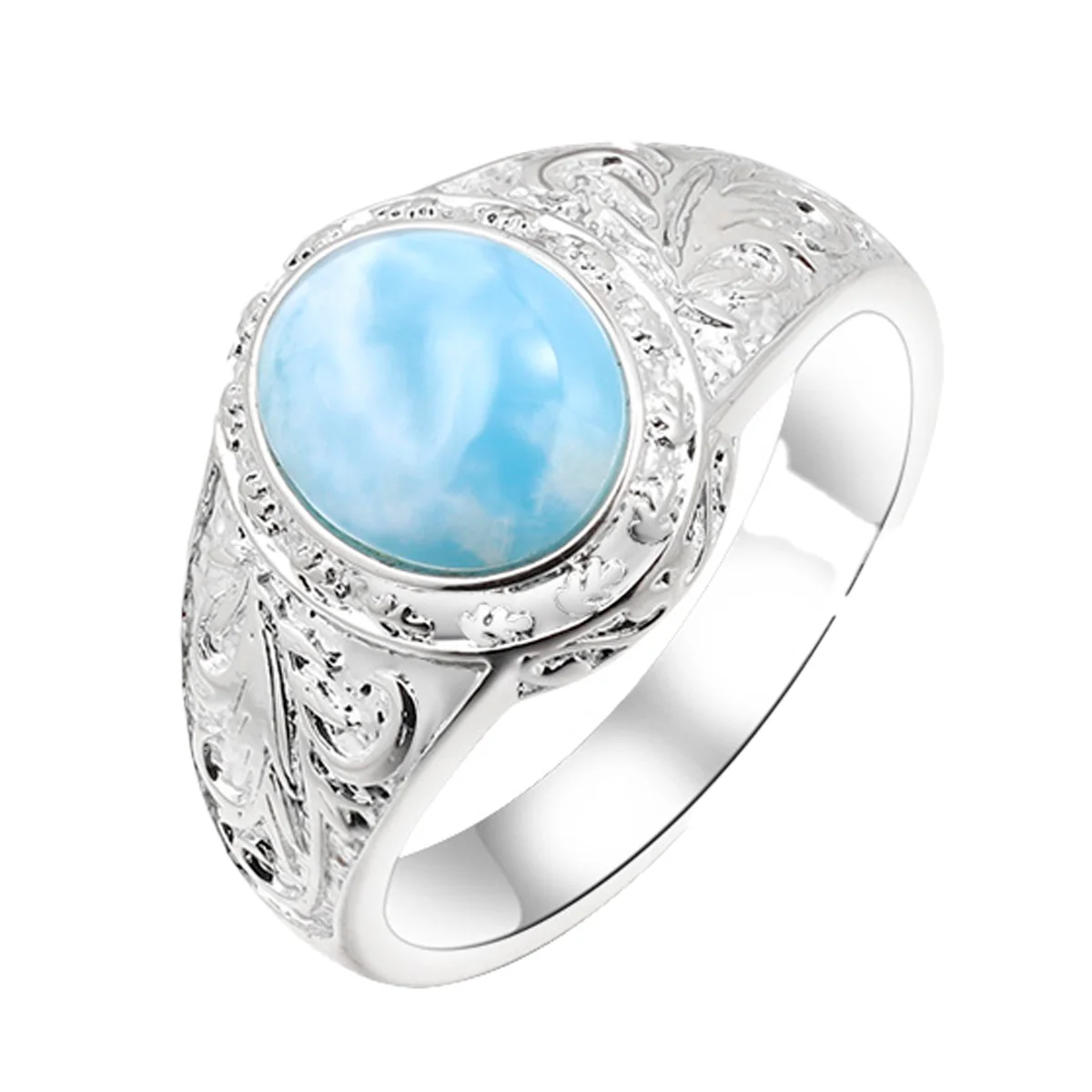 

Elegant Blue Larimar Stone Ring Trendy Rhodium-Plated Copper Jewelry for Women