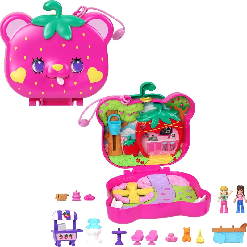 

Original Polly Pocket Dolls and Playset Travel Toy with Fidget Exterior Straw-Beary Patch Compact with 12 Accessories Toys Gifts