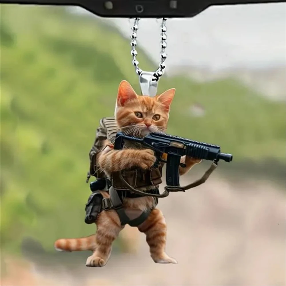 Acrylic Kitten Holding A Gun Flat Angel Cat Car Windows Hanging Ornament, Animal Sniper Dog Riding Motorcycle Handicraft Pendant