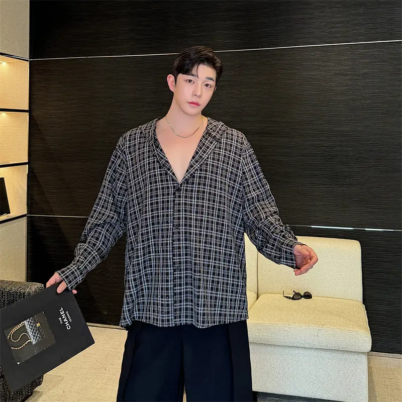 Fashion Plaid Rhinestone Hooded Shirt Men Streetwear Casual Thin Coat Top New Autumn Trendy Hip Hop Shirt
