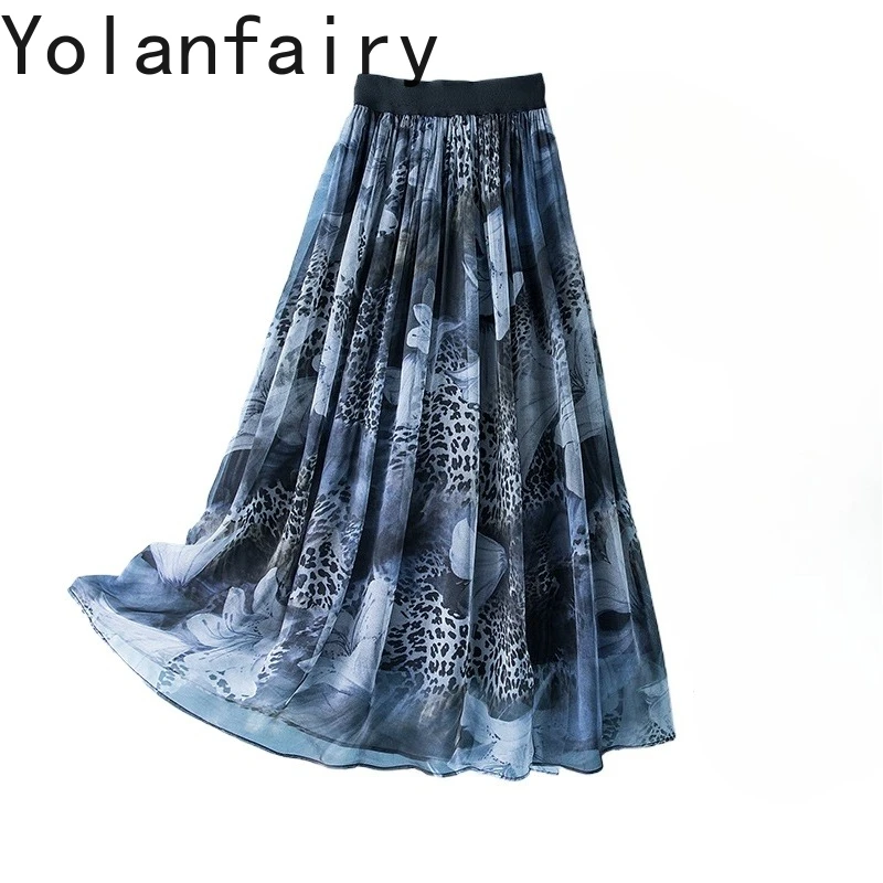 

YOLANFAIRY 100% Real Mulberry Silk Skirts Woman Summer Elastic Waist Printed Skirt Women's Clothes Elegant Skirts Long Faldas