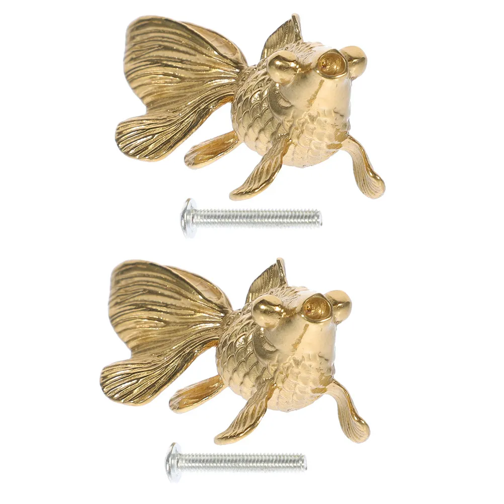 2Pcs Brass Goldfish Drawer Knobs Vintage Animal Cabinet Pull Handles Decor for Kitchen Bedroom Bathroom Dresser Hardware