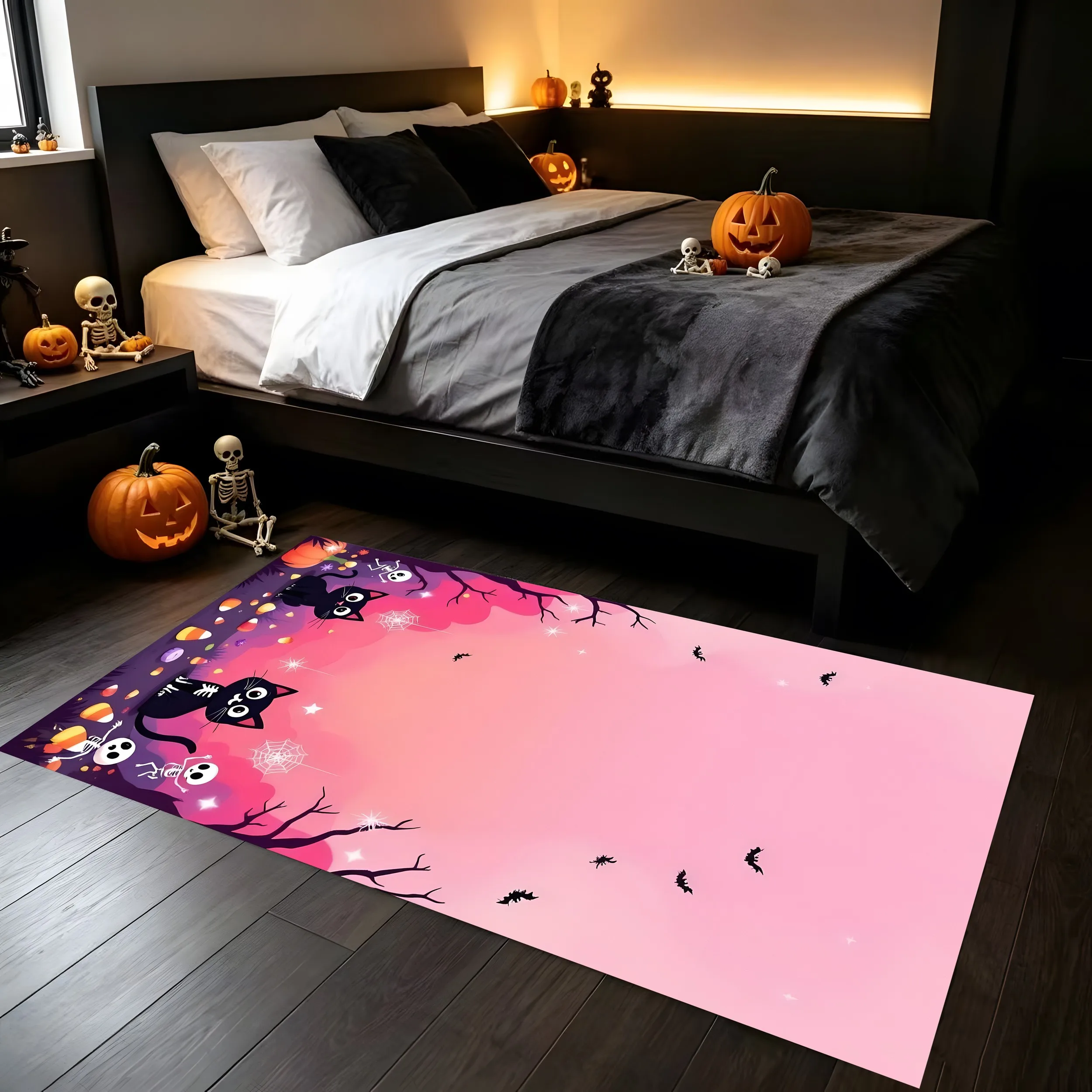 Cartoon Black Cat Pumpkin Skull Bat Floral Print Cute Halloween Velvet Rug for Entryway Bedroom Festive Decor