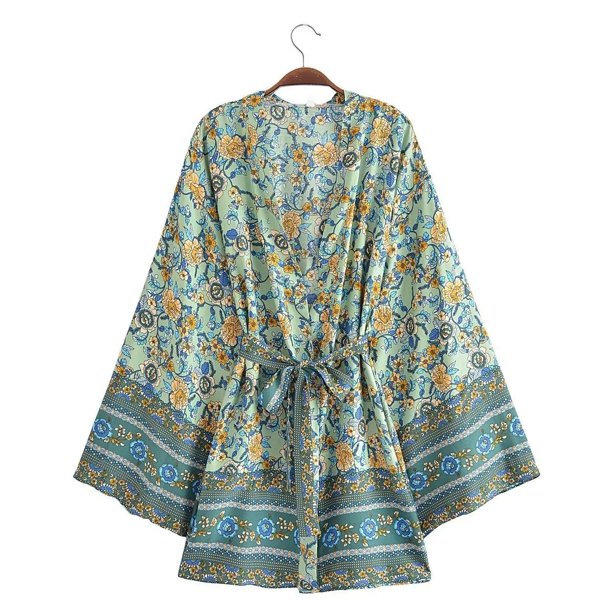 WeHello - Women\'s Beach Style Cotton Bohemian Printed Belt and Kimono Coat Cardigan