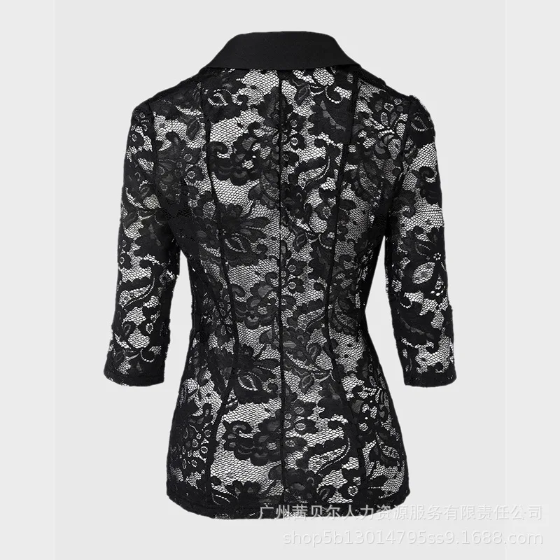 Dámský nový klopový výstřih s krajkovou nášivkou a jedním knoflíkem, průsvitný sako - náhled 6