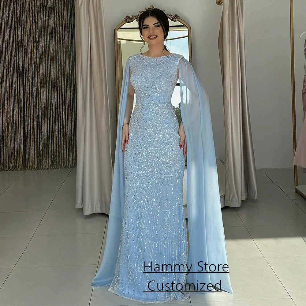Arabisches Abendkleid, maßgeschneidert, Rundhalsausschnitt mit Chiffon-Umhang, Perlen, Perlen, bodenlang, Meerjungfrau, Ballkleider, Partykleid