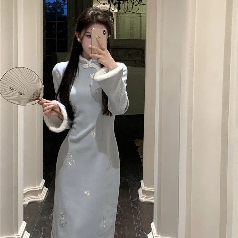 Thiened Floing nuevo chino Sle Dr mujer Otoño Invierno nuevo bordado Retro mejorado falda acampanada de cintura alta