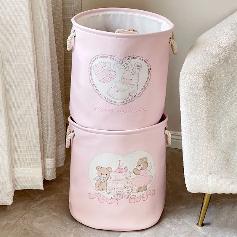 Collapsible Pink Laundry Basket for Baby Girls Round Cartoon Bear Rabbit Nursery Hamper Toys Storage Basket For Bedroom Décor