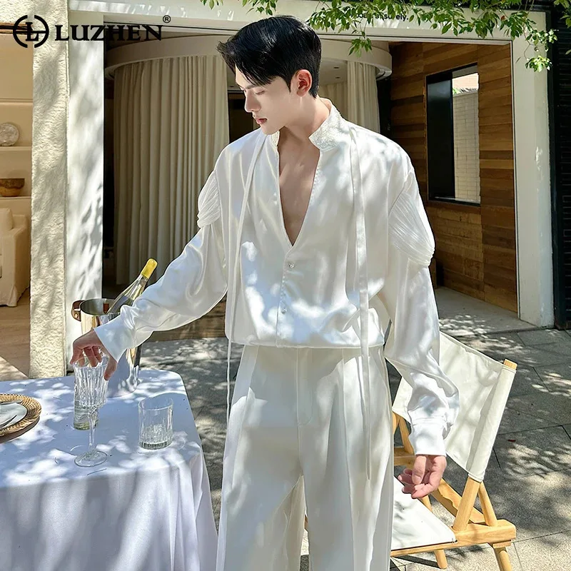 

LUZHEN Original Luxury Elegant Stand Neck Long Sleeve Shirts Men's 2025 New Personalized Pleated Patchwork Design Clothes JY3640