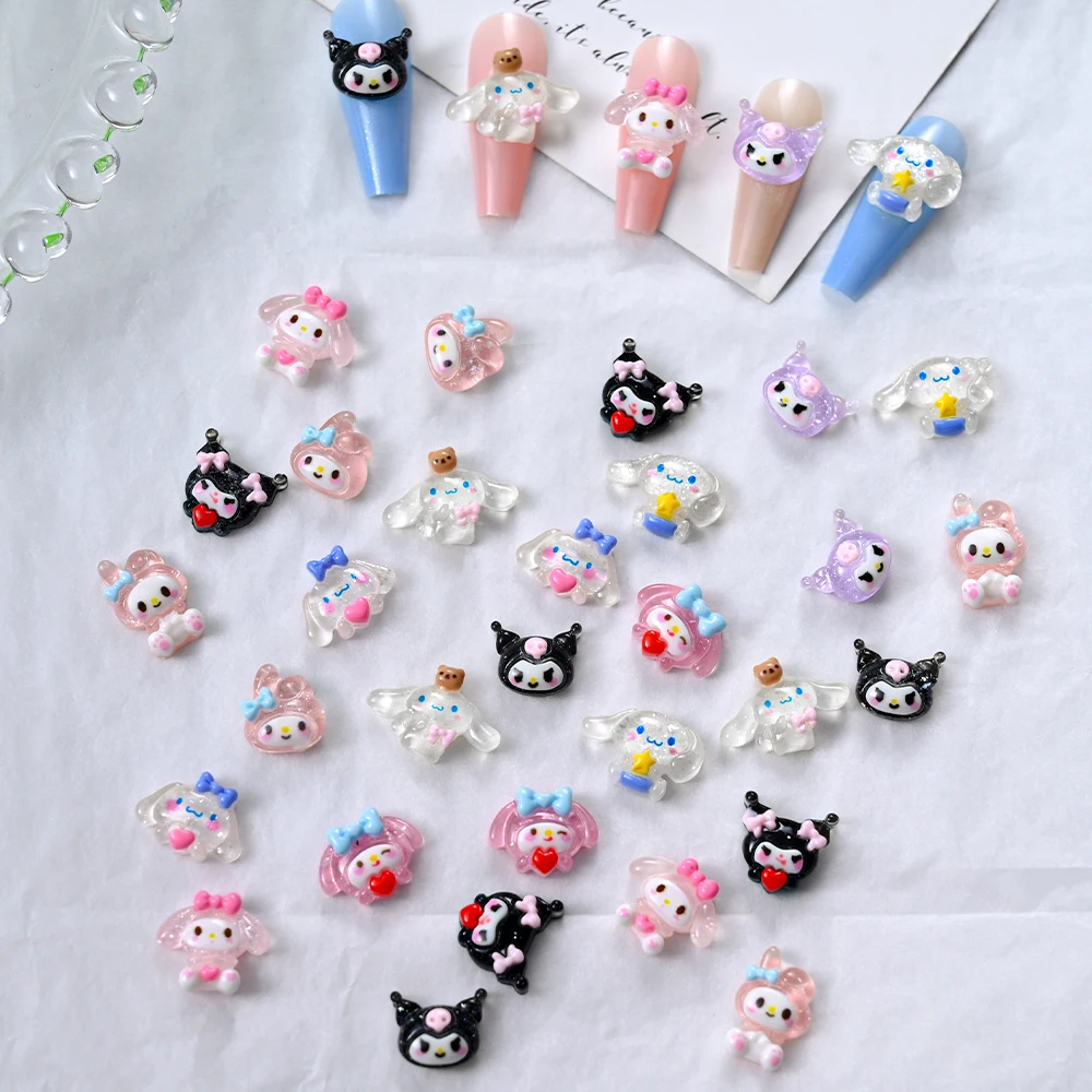 10 pçs sanrio 3d kuromi olá kitty manicure kawaii dos desenhos animados cinnamoroll arte do prego diy strass decoração diversão decalques da arte do prego