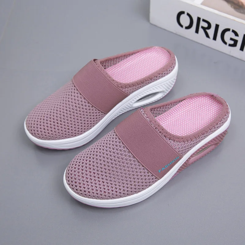 

Women Breathable Half Slipper 2024 Summer Air Cushion Slip-On Walking Shoes Lightweight Mesh Wedge Slippers Plus Size 43 Sneaker