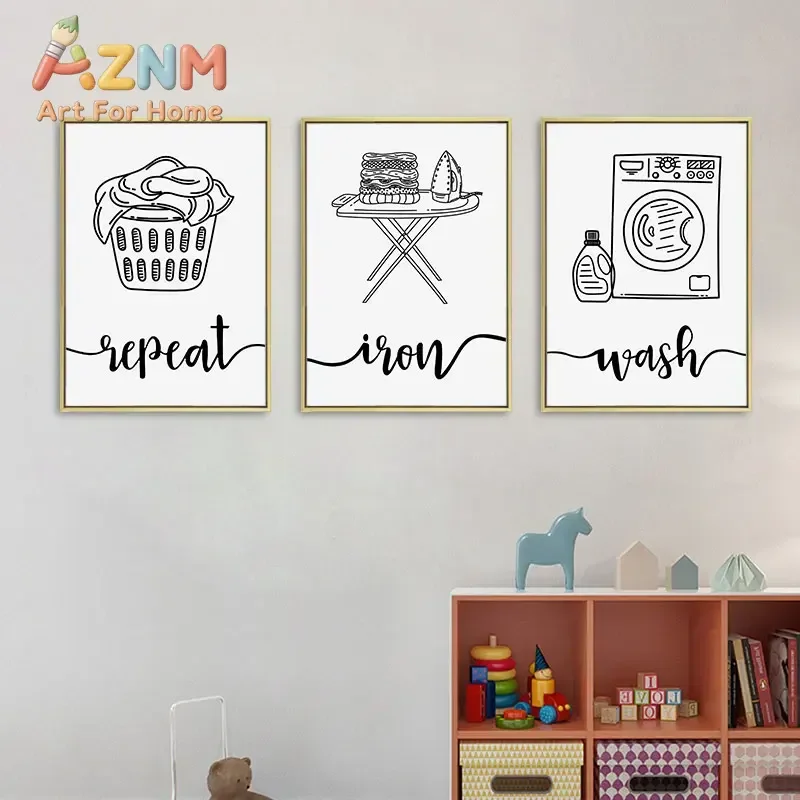 AZNM Frameless Canvas Wall Art Laundry Room Line Art Wash Iron Repeat Quote Print Minimalist Black White Home Decor Poster