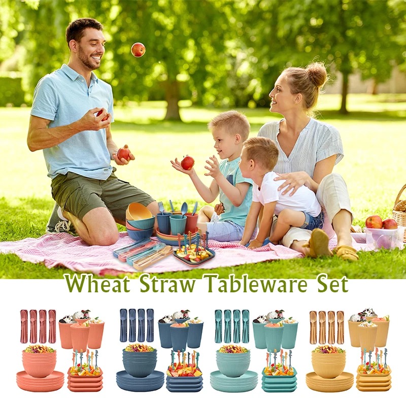 Outdoor Picnic 36Pcs Wheat Straw Dinnerware Set Unbreakable Plates Sets Rice Bowl Plates and Cups Portable for Students