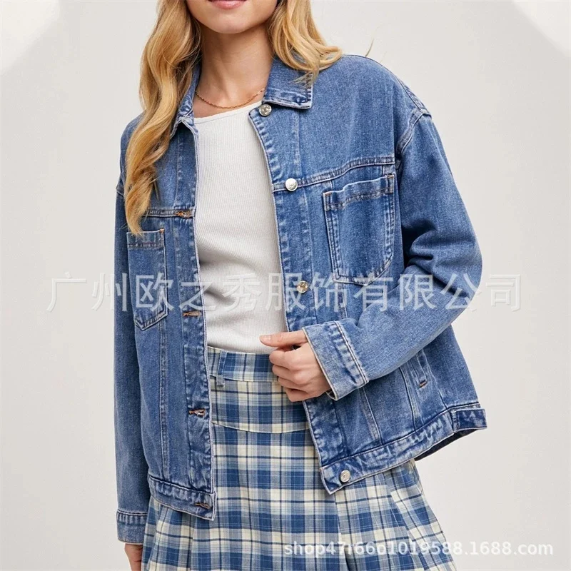 

Женская джинсовая куртка большого размера, джинсовое пальто с длинными рукавами и лацканами, свободная повседневная уличная одежда, студенческая дорожная весенне-осенняя подарок