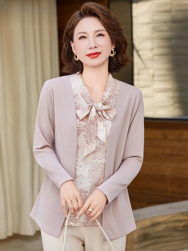 

Вязаная базовая кофта Ele для осенней моды, для женщин среднего и старшего возраста, с V-образным вырезом, свободного кроя, удобная, из полиэфирного волокна