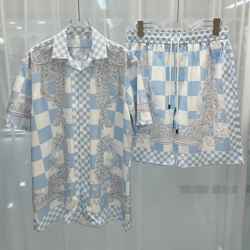 Conjunto de Camisa de Verano para Hombre, Estampado 3D Vintage con Patrón de Dragón Plateado, Camisa Casual de Manga Corta para Playa, Pantalones Cortos de Playa Extra Grandes, Trajes Hawaianos