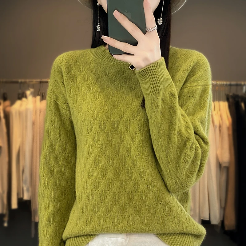 Autumn and winter women's round neck checkered pullover sweater thickened sweater 100% Merino wool clothing knitted women's top