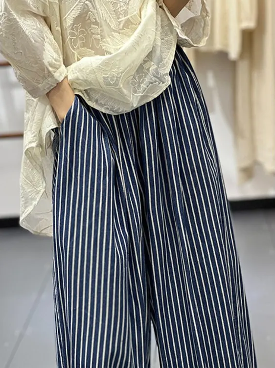 한국 슬레 캐주얼 팬츠 스트라이프 루즈 슬리밍 에이지 디파잉 다용도 코튼 와이드 레그 팬츠 하이 웨이스트 스트레이트 레그