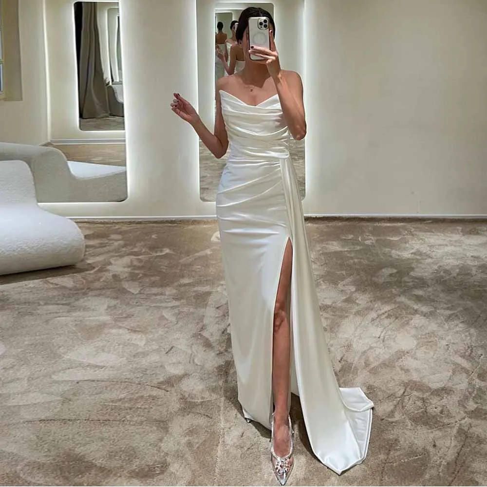 

2025 Classic Wedding Party Dresses Satin Sheath/Column Evening Dress White Sweetheart Pleat Draped Split Birthday Dress Long