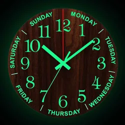 Luminous Wall Clock 12 Inch Wooden Silent Non-Ticking Kitchen Wall Clocks with Night Lights for Indoor/Outdoor Living Room