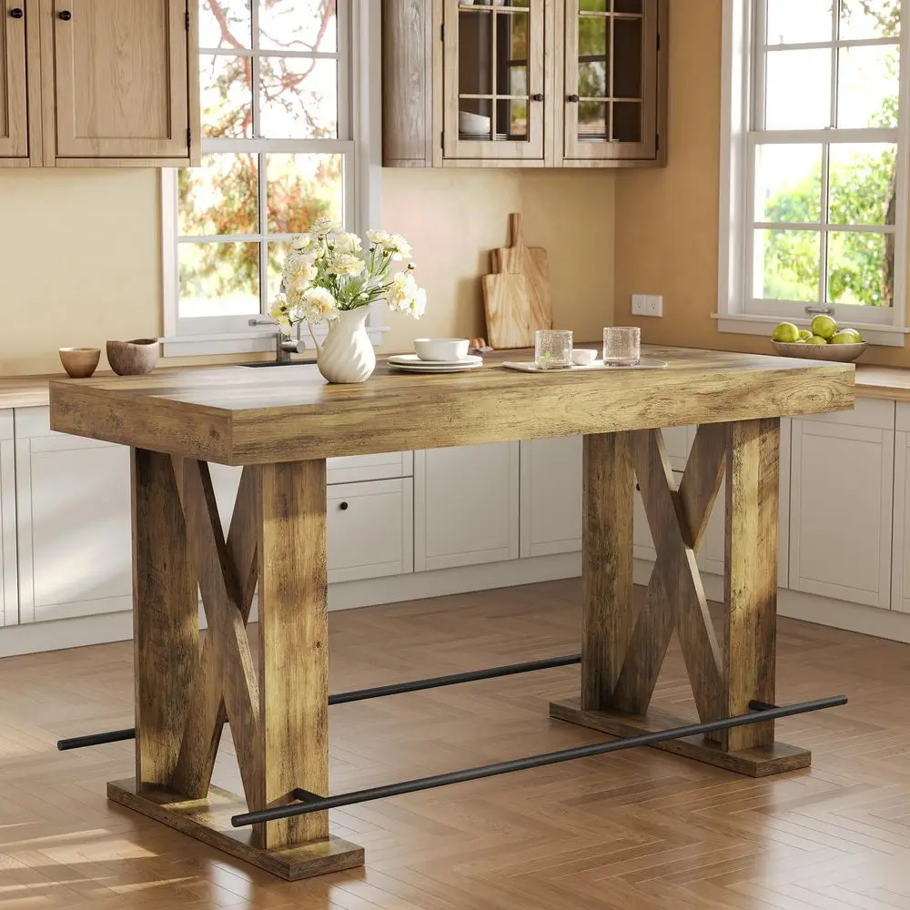 

63Inch Industrial Bar Table with Metal Footrest, Kitchen Pub Table with Sturdy and Heavy Duty XBase, for Dining Room, Living Ro