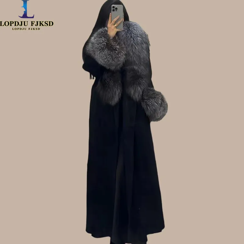 

Autumn Winter Women's Cashmere Jacket,England Style Coat,Adjustable Waist,Fur Collar Blends,Female Clothes, Loose Long Overcoat,