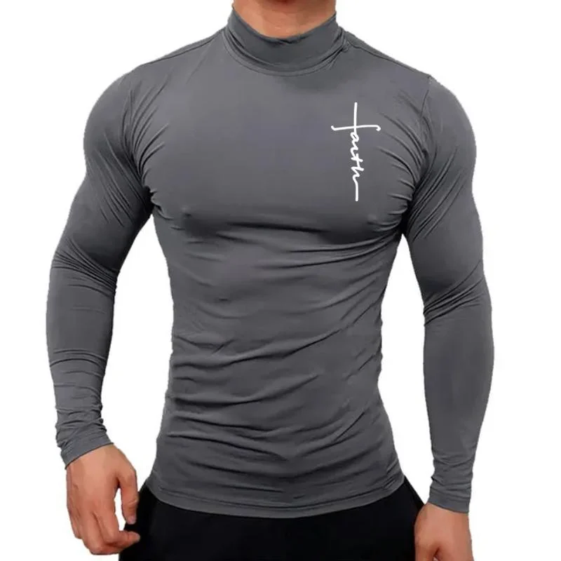 New Fashion Mens High Collar Long Sleeve T Shirt, Men\'s Fitness Workout Shirt Gym Training Tops Muscle Tees, Faith Graphic Tee