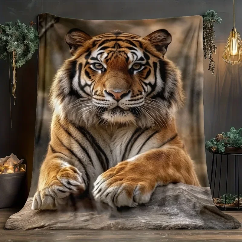 1pc Tiger Lying Down Blanket - Lightweight Flannel Throw with Realistic Tiger Print Soft Warm All-Season Cozy Blanket for Sofa