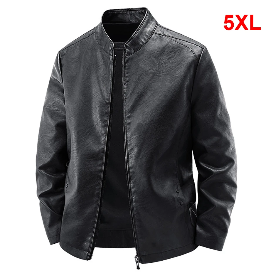 Stand Collar PU Jacket Men Motorcycle Biker Baseball Jacket Coat 5XL Plus Size Fashion Casual Cargo Jacket Male PU Coat Black