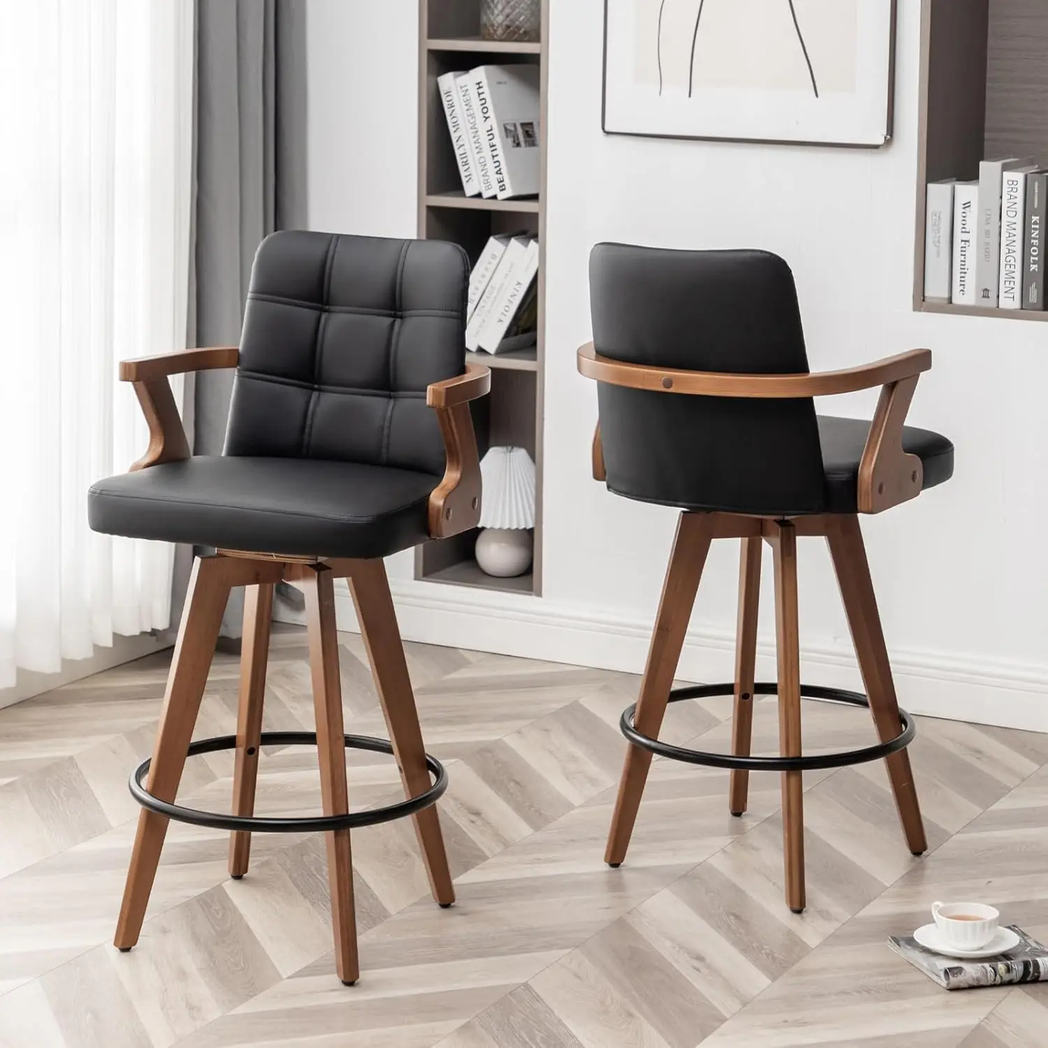 Black Bar Stools Set of 2,Counter Height Bar Stools 26” H,Modern Faux Leather Kitchen Bar Stools with Back,Bar Height Chairs,